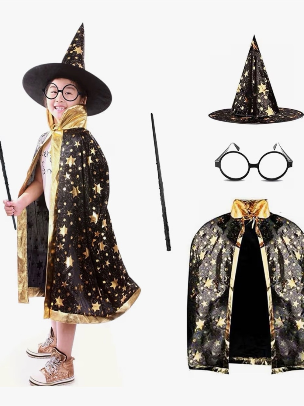 Kids Black & Gold Star Wizard Costume Cape, Hat & Glasses Set